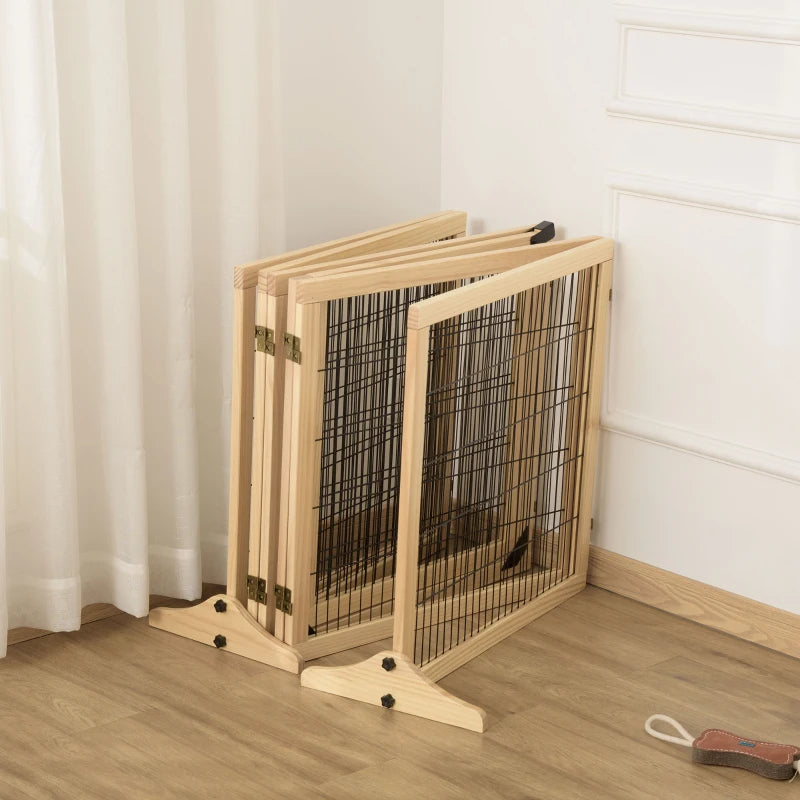 PawHut Wooden Pet Gate, 6-Panel Folding Dog Safety Barrier With Support Feet For Small & Medium Dogs, Natural Wood