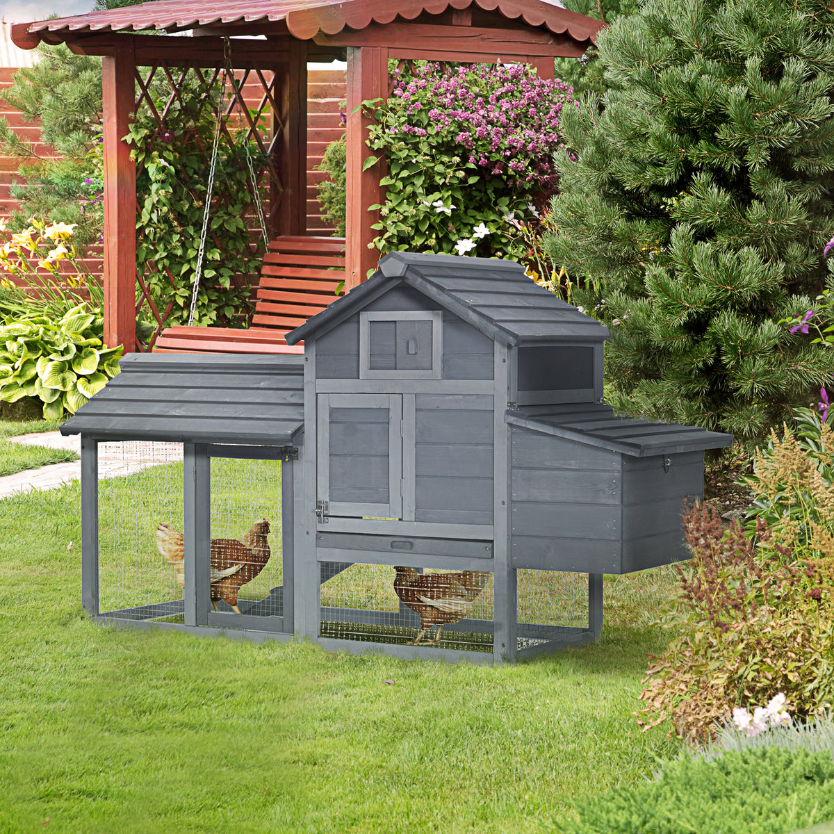 59" Small Wooden Chicken coop Hen House Poultry Cage for Outdoor Backyard with 2 Doors, Nesting Box and Removable Tray, 