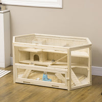 Wooden Large Hamster Cage Small Animal Exercise Play House 3 Tier with Tray, Seesaws, Water Bottle, Activity Center, Nat