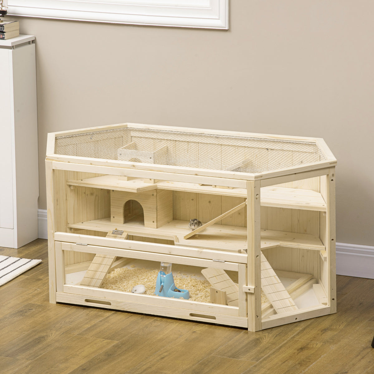 Wooden Large Hamster Cage Small Animal Exercise Play House 3 Tier with Tray, Seesaws, Water Bottle, Activity Center, Nat