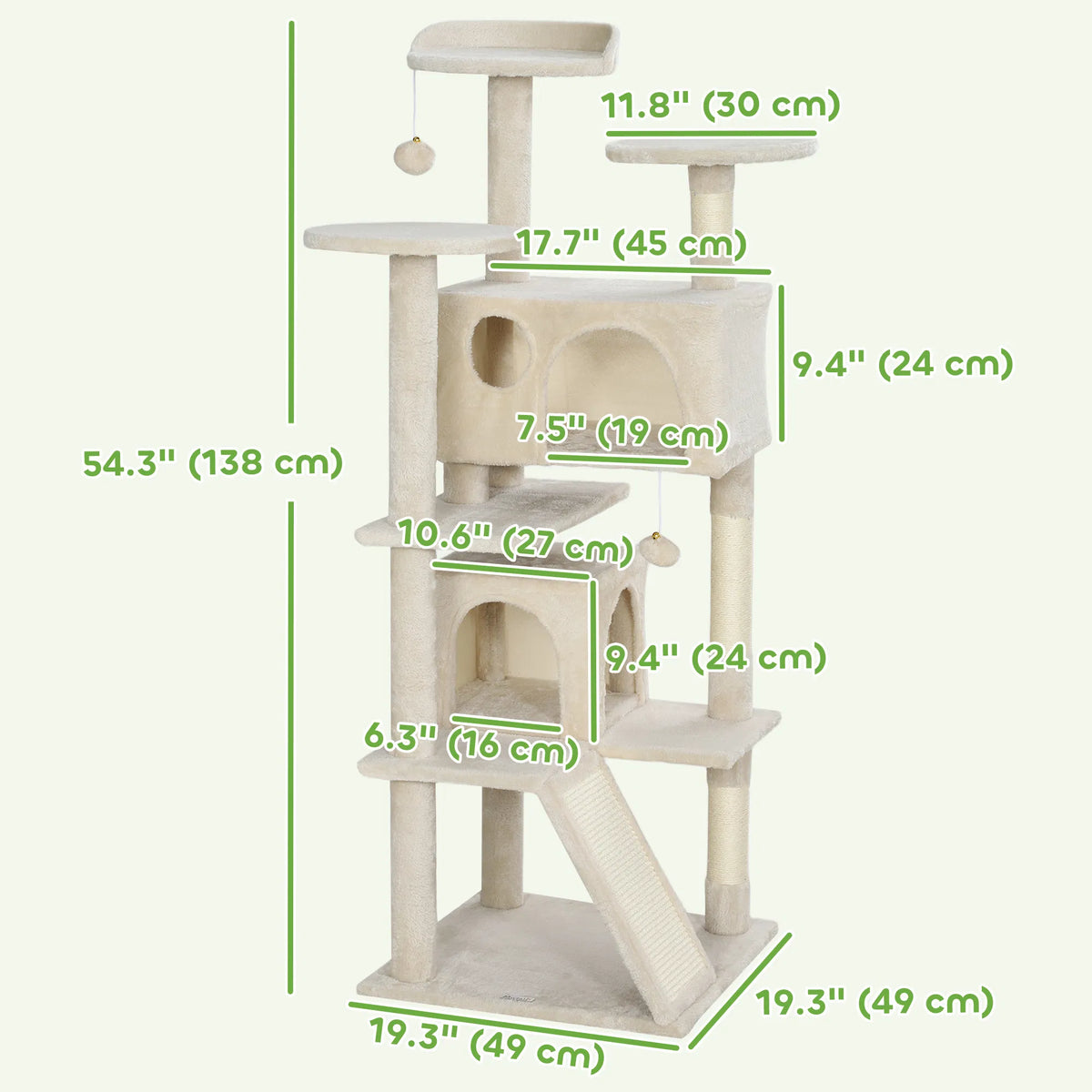 54" Cat Tree, Multi-Level Cat Tower with Scratching Posts, Cat Condos, Bed, Platforms, Ramp, Toy Ball, Beige