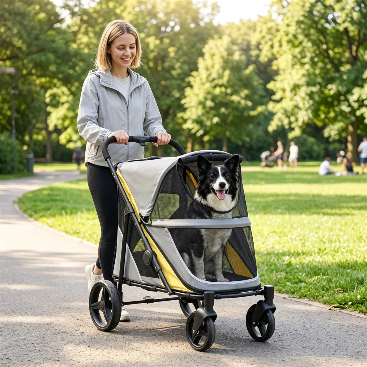 220LBS Large Capacity Dog Stroller, Foldable Pet Stroller with 360 Swivel Shock-Absorbing Wheels, One-Click Brake & Retr
