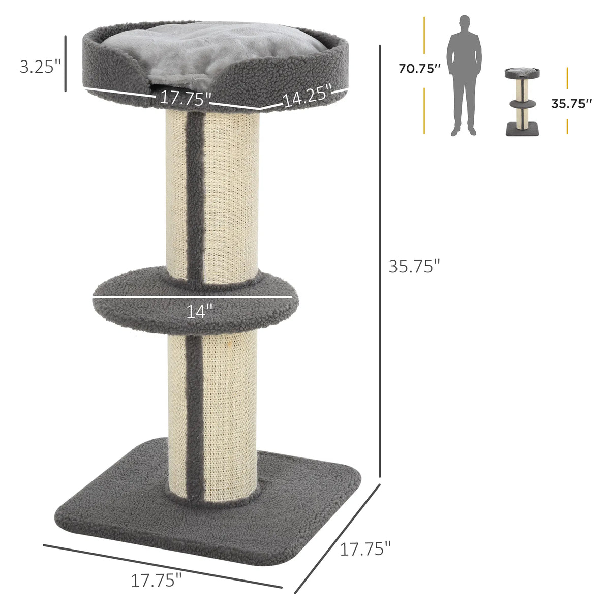 Cat Tree Kitty Tower with Sisal Mat Scratching Post, Cat Bed, Cushion, Perch, 18" x 18" x 36", Grey