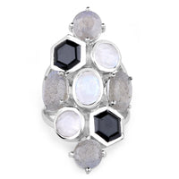 10.30 Carat Genuine White Rainbow Moonstone, Labradorite And Black Onyx .925 Sterling Silver Ring