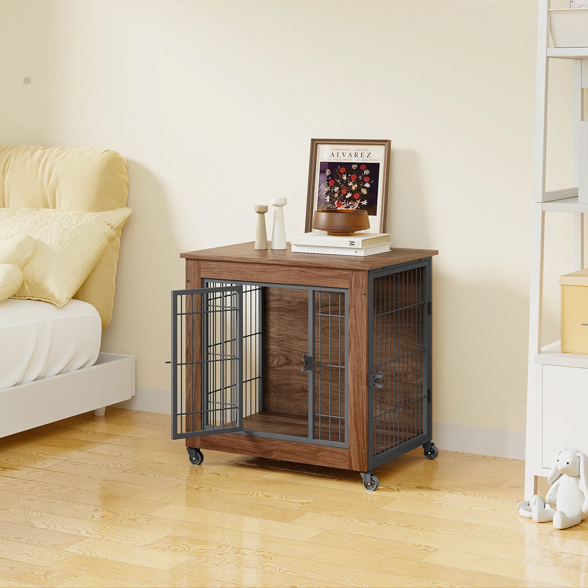 27.2" Dog Crate Furniture with Wheels for Small Dogs, Heavy Duty Dog Kennel Indoor with 2 Doors, Wooden Pet Cage End Tab