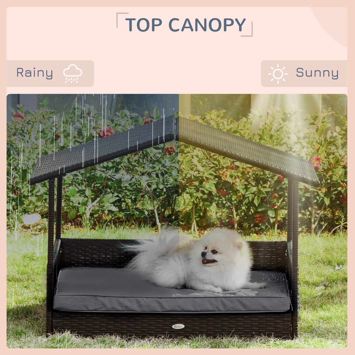 Wicker Dog House Outdoor with Canopy, Rattan Dog Bed with Water-resistant Cushion, Raised Pet Bed for Small, Medium Bree