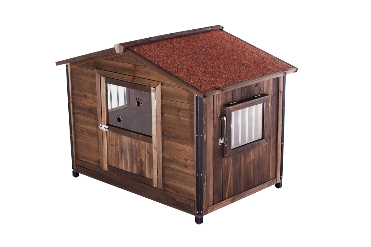 Unique All-Around Iron Frame,Outdoor Large Wooden Cabin House Style Wooden Dog Kennel