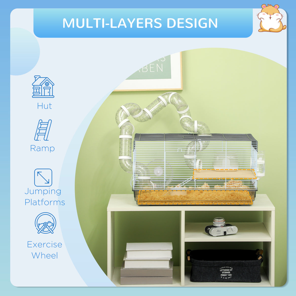 Small Animal Cage for Gerbil or Dwarf Hamster w/ Tubes, Exercise Wheel, Food Dish, Water Bottle, 23" x 13" x 12", Gray