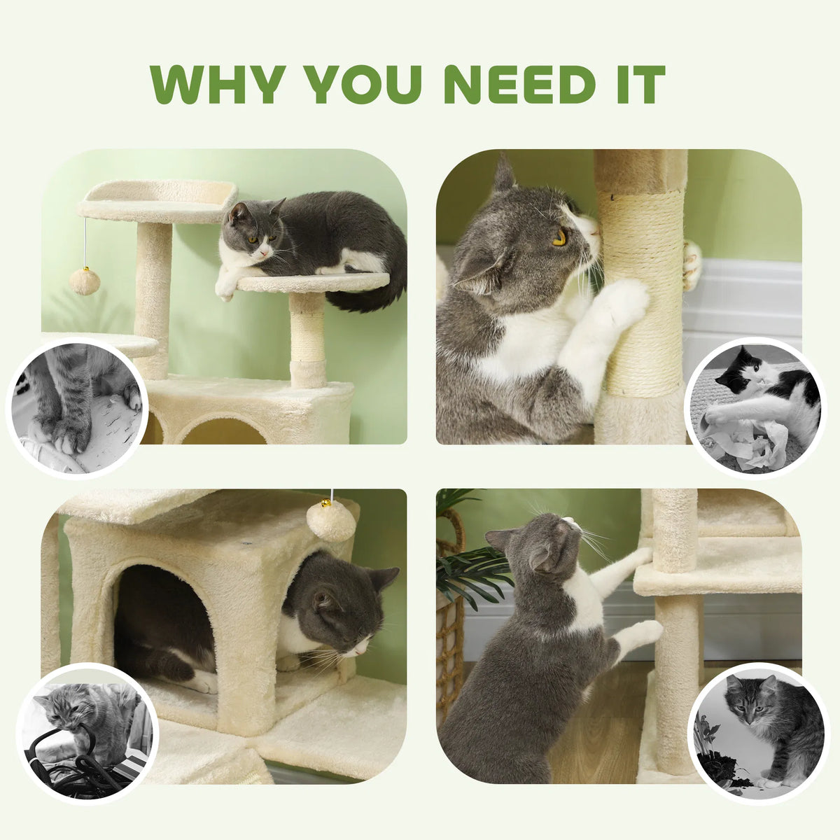 54" Cat Tree, Multi-Level Cat Tower with Scratching Posts, Cat Condos, Bed, Platforms, Ramp, Toy Ball, Beige