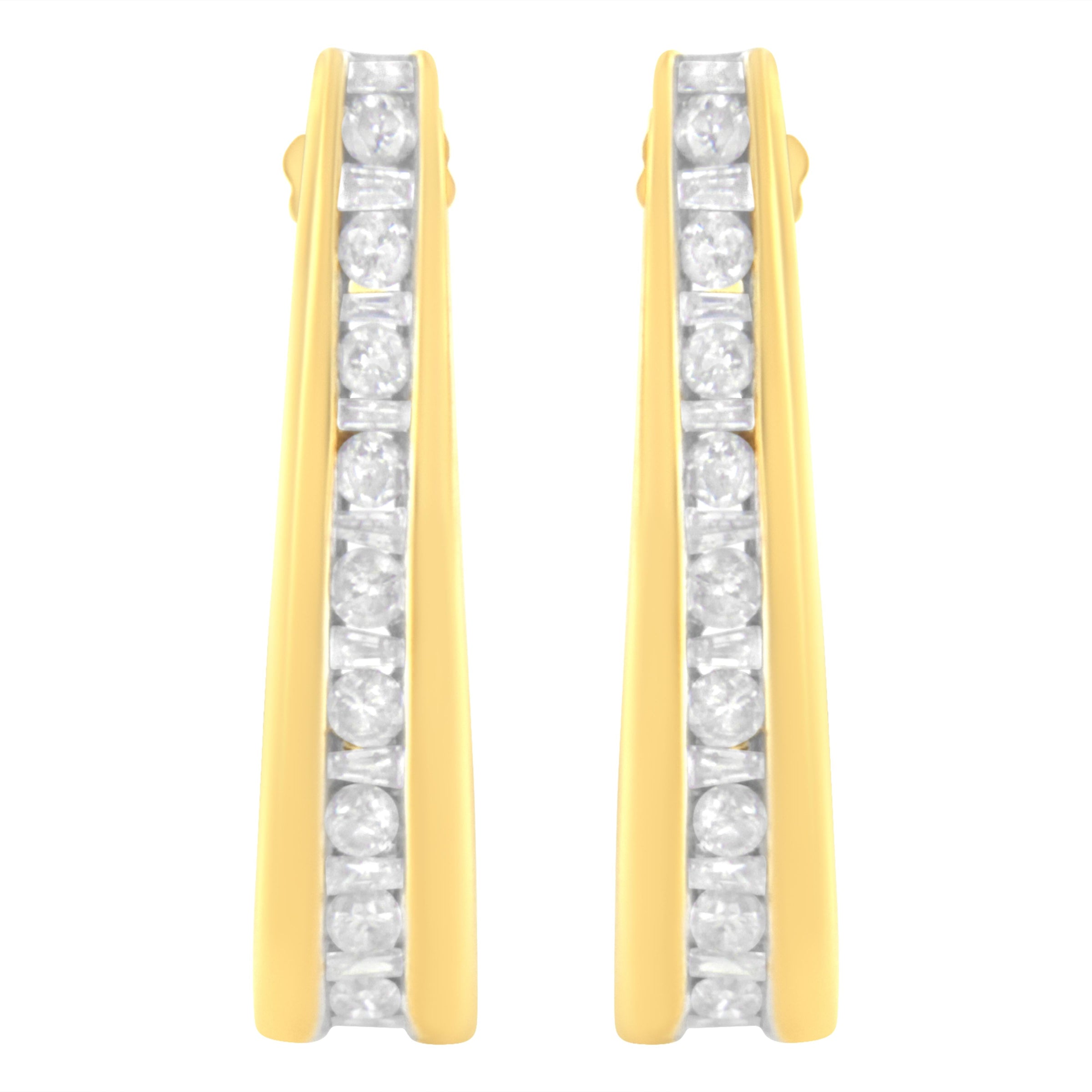 10K Yellow Gold 1 cttw Channel Set Diamond J-Hoop Earrings (H-I Clarity, I1-I2 Color)