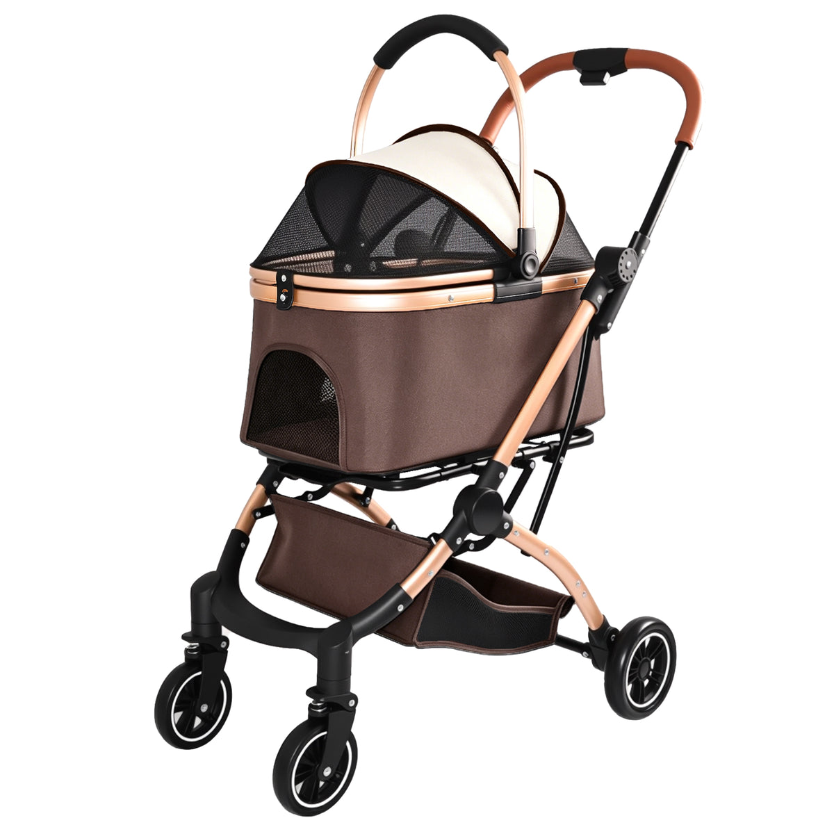 Pet Stroller for Dogs and Cats, 2-in-1 Detachable Foldable 4 Wheels Pet Stroller, Quick One-Hand Fold, Storage Basket, D