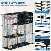 3-Level Metal Cat Cage Enclosure, Modular Pet Habitat with 3 Doors, 2 Ladders, Plush Hammock and Toy Ball for Small Indo