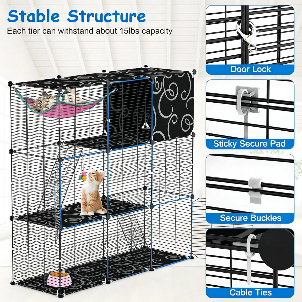 3-Level Metal Cat Cage Enclosure, Modular Pet Habitat with 3 Doors, 2 Ladders, Plush Hammock and Toy Ball for Small Indo