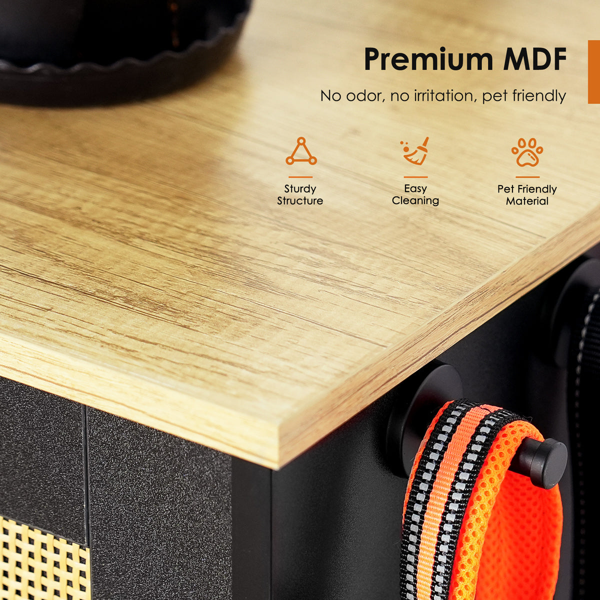 Feeding station with 2 lockers, pet feeding station with 2 elevated dog bowls, side hooks, anti-tipping kit, hidden pet 