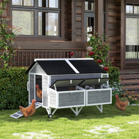 59" Wooden Chicken Coop w/ Wheels, Handles, 2 Nesting Boxes, 2 Trays, 4 Perches, Chicken Tractor for 4-6 Chickens, Gray