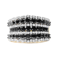 14K Yellow Gold Plated .925 Sterling Silver 1 3/4 Cttw Treated Black and White Alternating Diamond Multi Row Band Ring (Black / I-J Color, I2-I3 Clarity) - Size 7