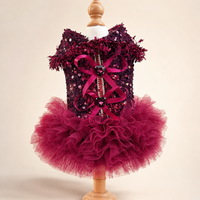Luxury Burgundy Sequin Dog Dress – Handmade Pet Party Dress with Tulle Tutu Skirt & Rhinestone Heart Bows
