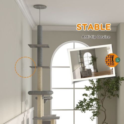 PawHut Cat Tree With Litter Box Enclosure, 2 In 1 Floor To Ceiling Cat Tower Litter Box Furniture With Condo, Bed, Hammo