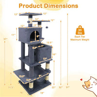 57" Multi-Level Cat Tree For Multi-Cat Households, 2 Condos & Hammock With Sisal Scratching Posts-Gray