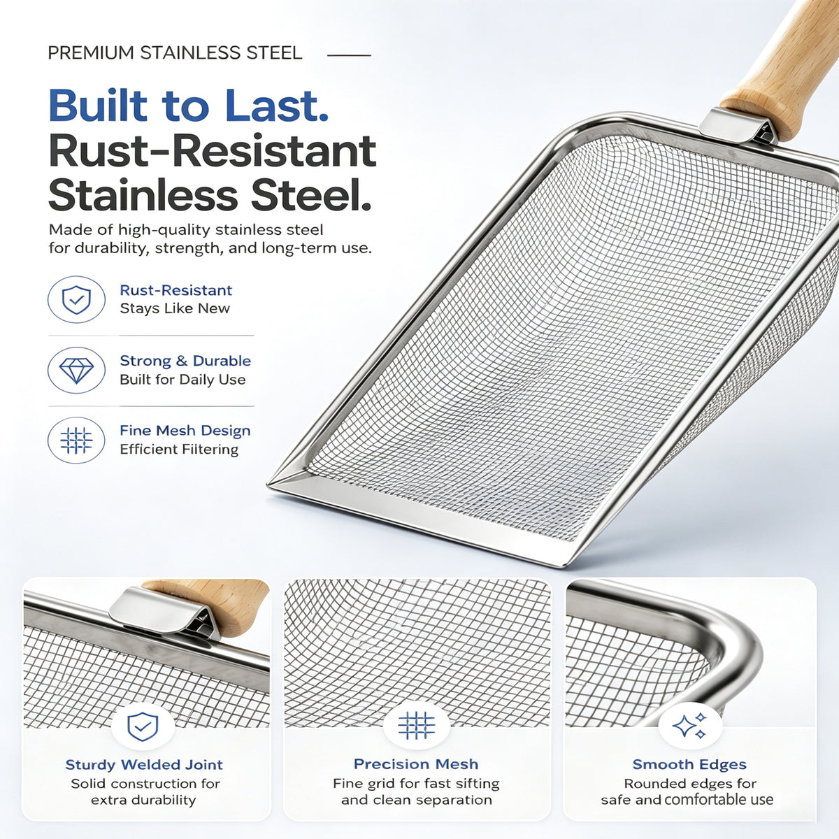 Stainless Steel Cat Litter Scoop With Fine Mesh Sifter, Durable Metal Litter Scooper With Ergonomic Wooden Handle, Heavy
