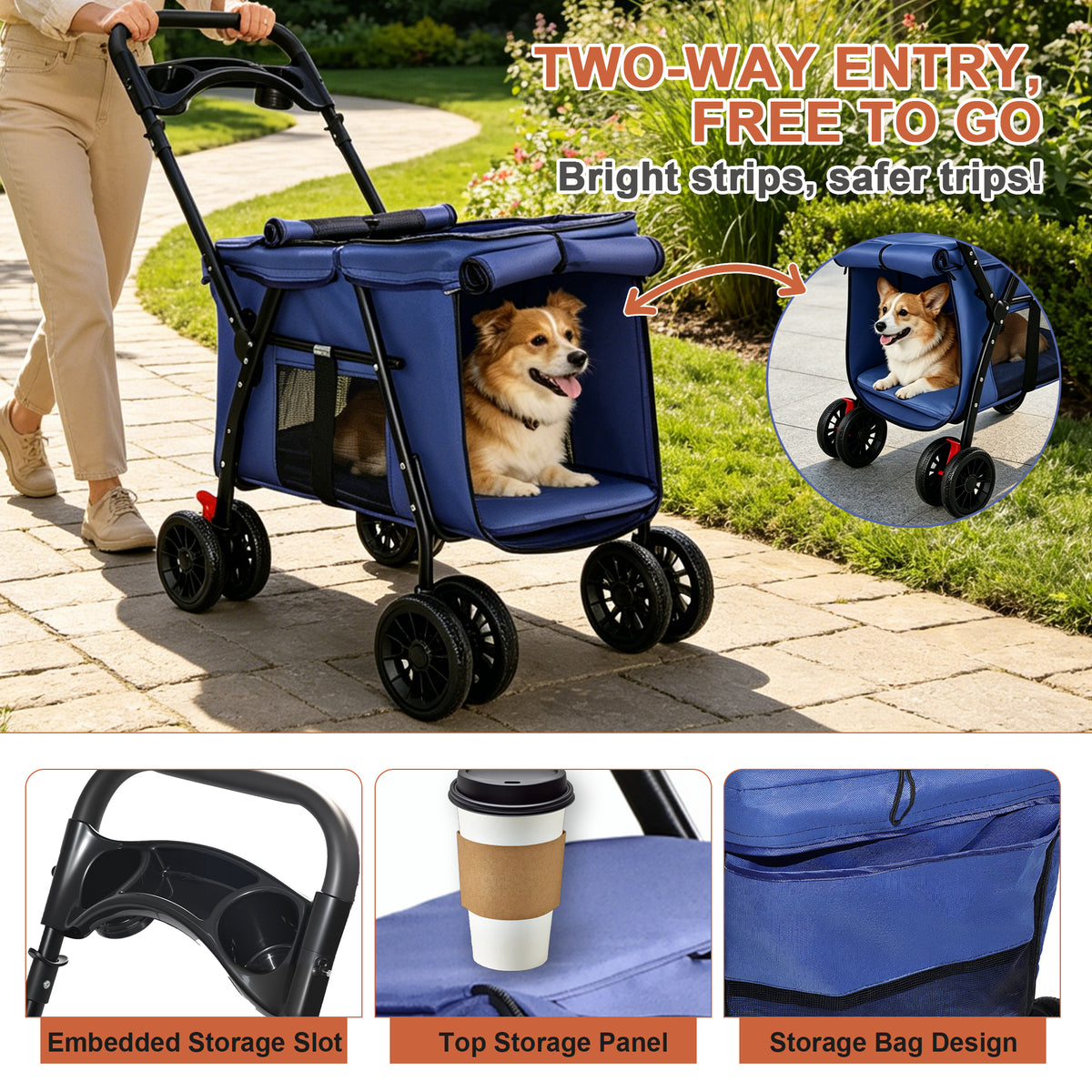 Pet Stroller, Foldable 4-Wheel Design, Breathable Mesh Dog Cat Stroller with Shockproof Wheels, Brake System, Storage Tr