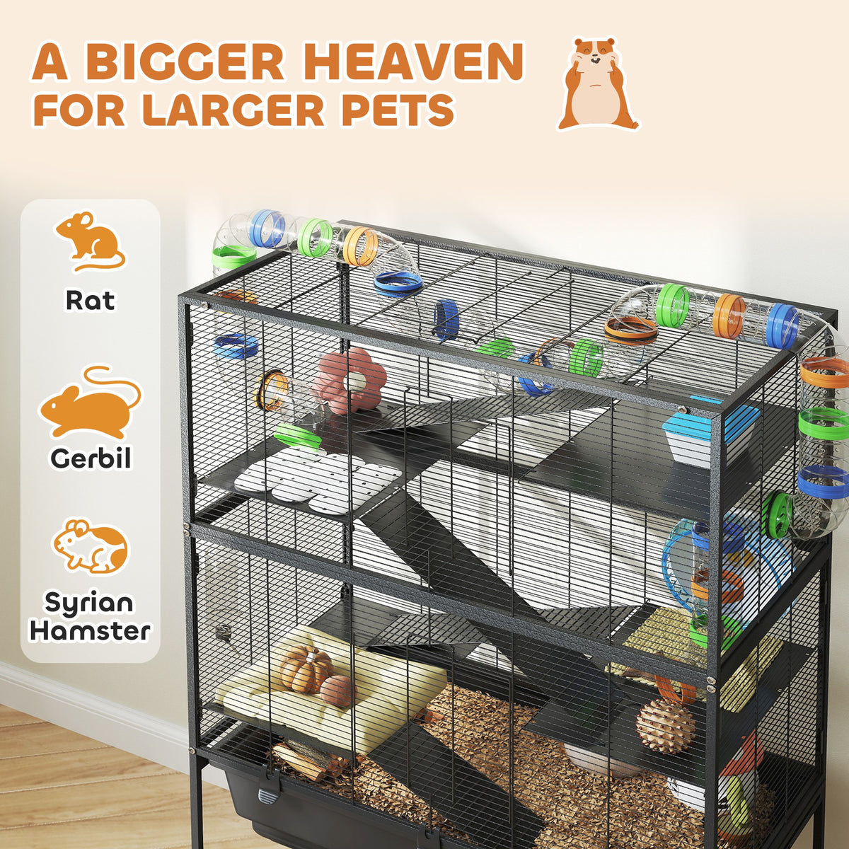 5 Tier Hamster Cage, Rolling Rat Cage with Deep Tray, Storage Shelf, Big Exercise Wheel, Hut, Tube System