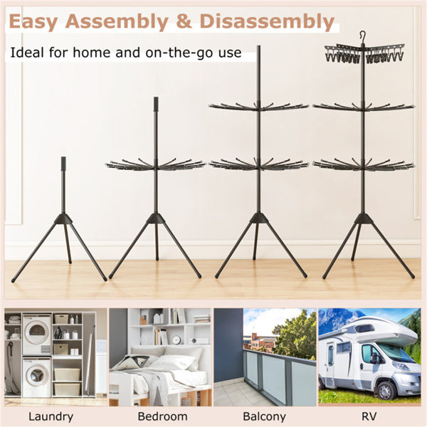 3-Tier Foldable Tripod Clothes Drying Rack With 24 Clips & 32 Rods, 70 Space Saving Laundry Dryer