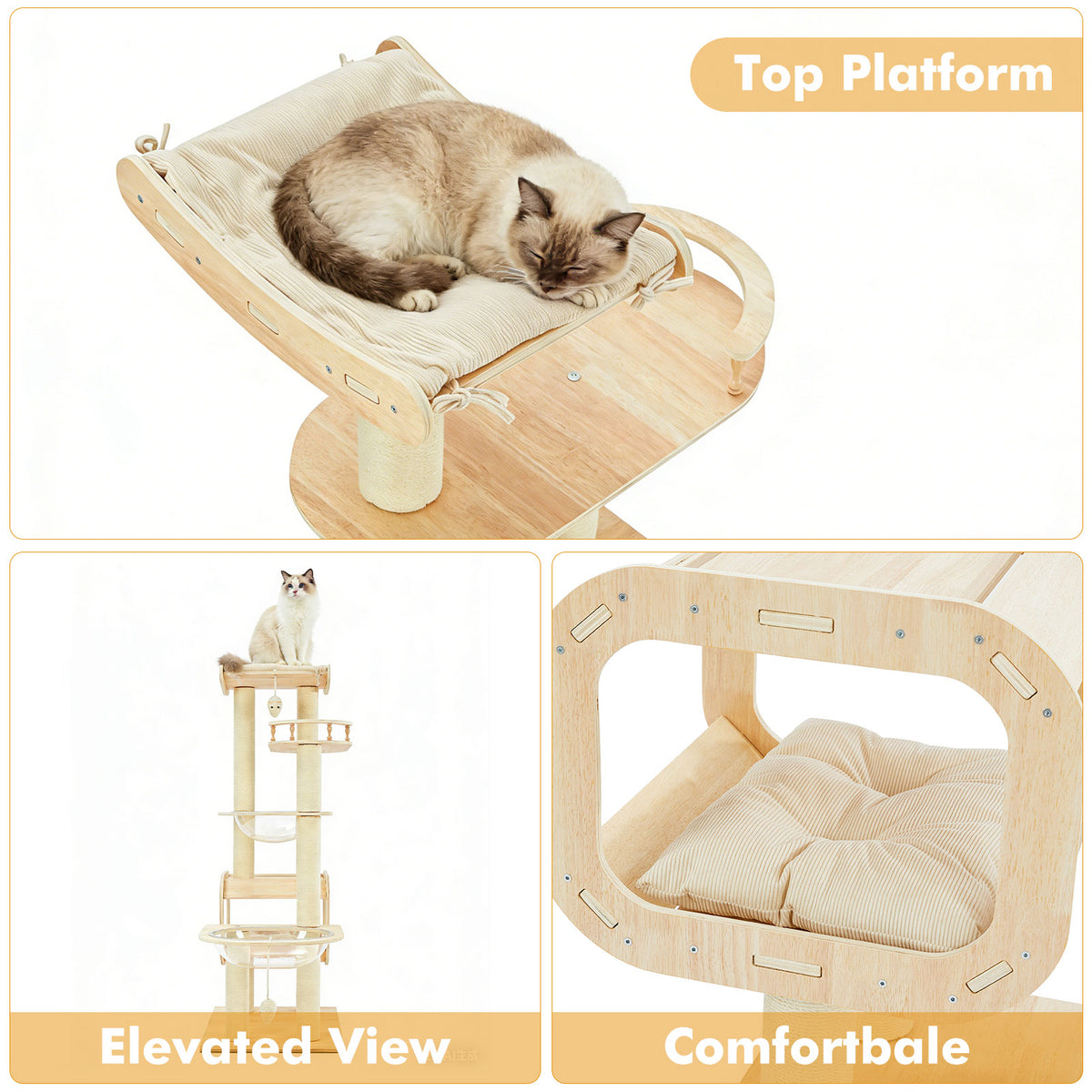 Heavy-Duty No-Drill 4-Story Cat Tree-Solid Wood Multi-Story Boards, Multi-Column Design, 55.9in Cat Tower With Open Cond