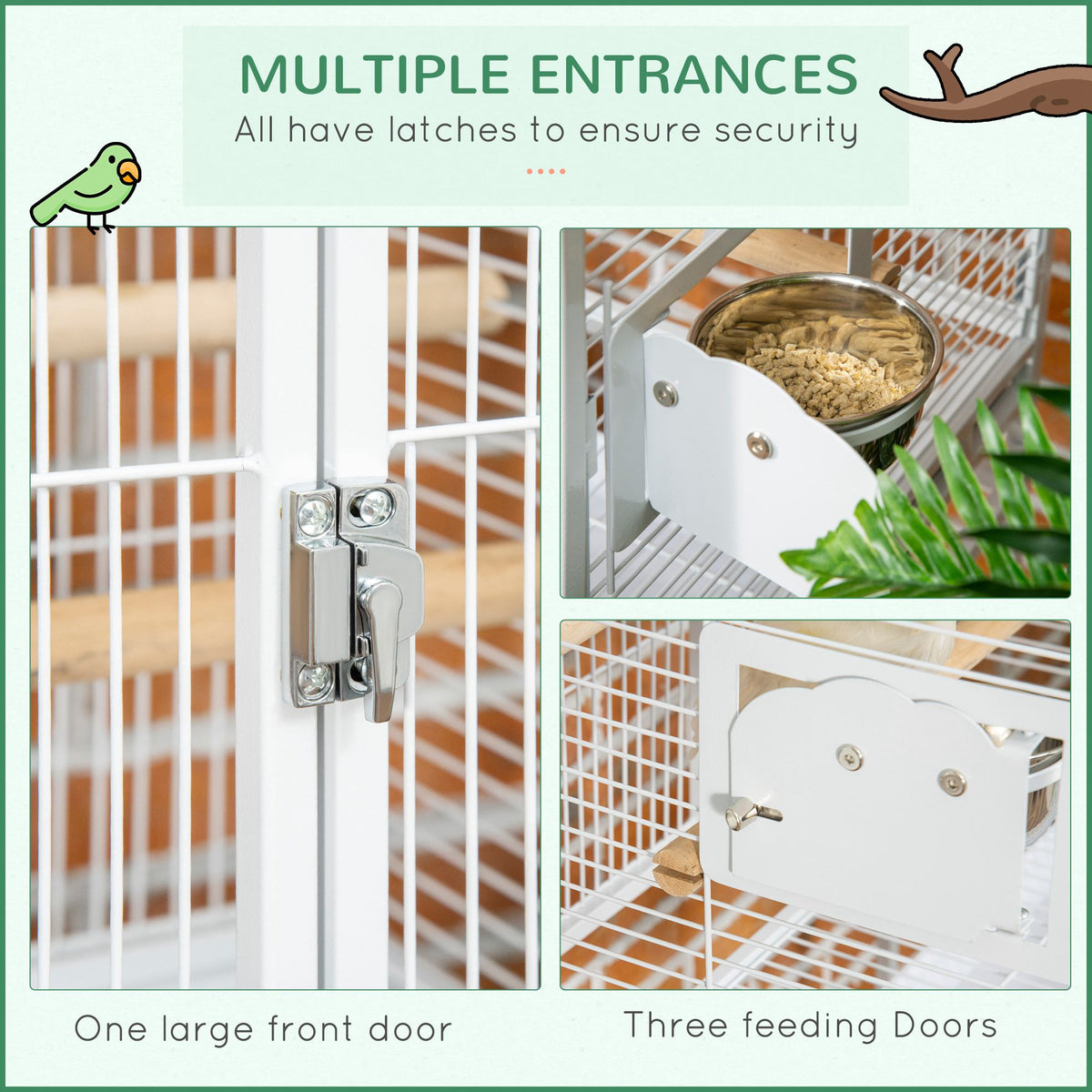 55" Large Parrot Cage with Toy Hooks Above Top Bird Perch, Tray, Food Cups, Rolling Stand, Bird Cage for Cockatiels, Par