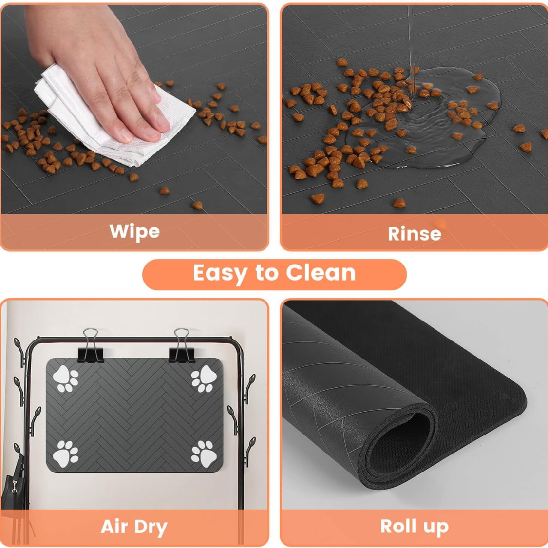 Absorbent Pet Feeding Mat 20x12 Inch, Waterproof Rubber Backing, Dark Gray Striped