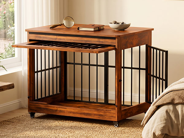 46in Large Dog Crate Furniture, Double Door Wooden Indoor Dog Kennel Furniture, Decorative Pet Cage End Table With Wheel