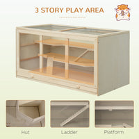 45" Extra Large Wooden Hamster Cage, 3-Layer Rat Cage with Opening Roof, PVC Window, Small Animal Habitat for Gerbil, Dw