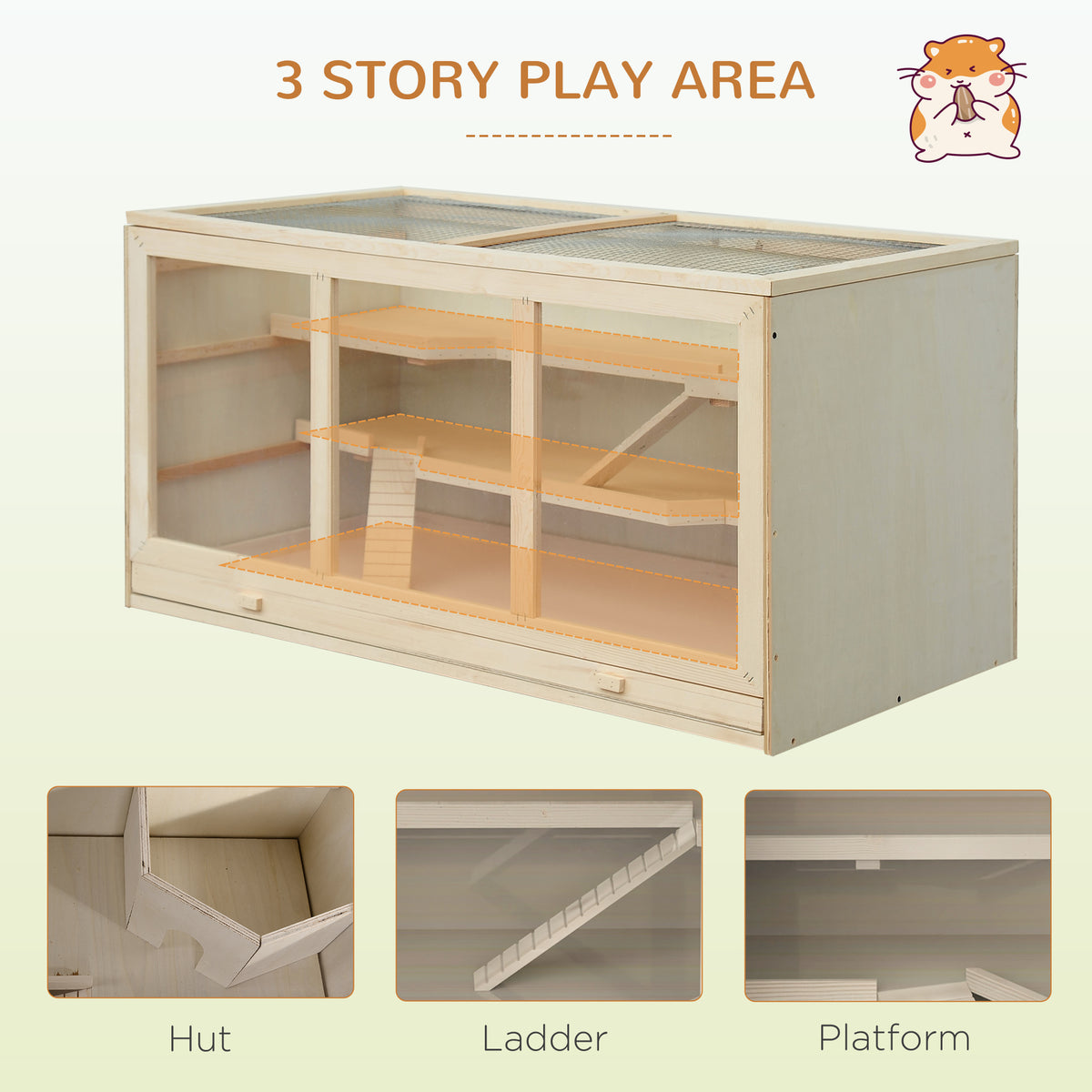 45" Extra Large Wooden Hamster Cage, 3-Layer Rat Cage with Opening Roof, PVC Window, Small Animal Habitat for Gerbil, Dw