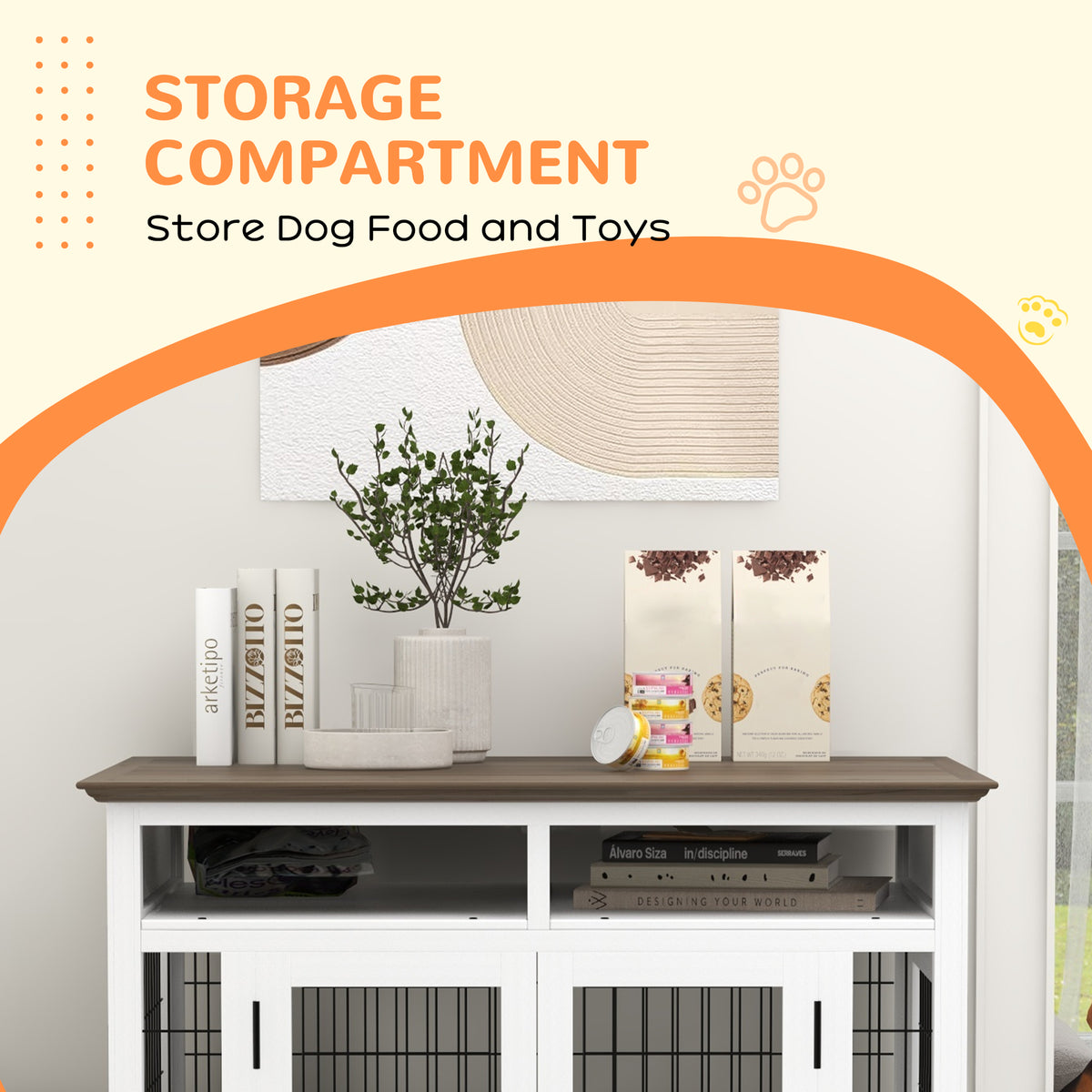 Dog Kennel Furniture Side End Table with Storage, Double Doors for Small and Medium Dogs, White