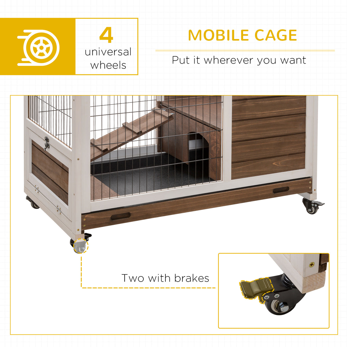 Indoor Rabbit Enclosure, On Wheels, Indoor Bunny Cage Small Animal House With Pull Out Tray Casters Ramp, 35.5 X 21 X 23