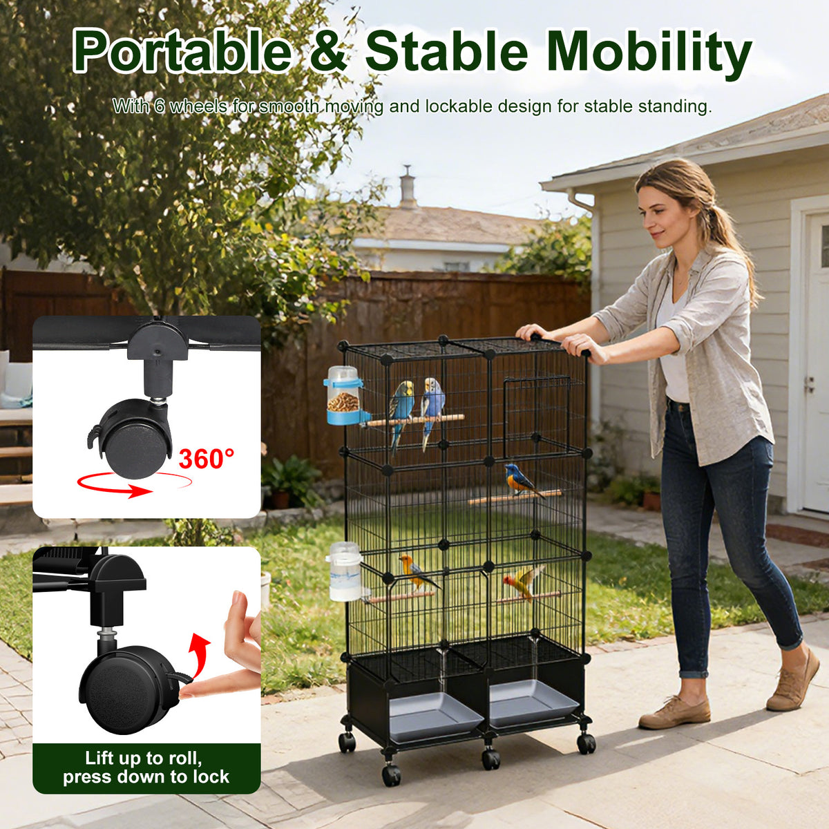 1Pc 46in Bird Cage Spacious Indoor Pet Bird House With 4 Wooden Perches 2 Slide-Out Tray 2 Water Bottle Feeder Lockable 
