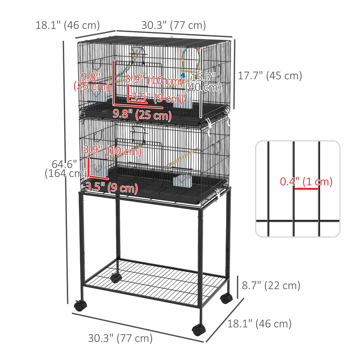 65" Birdcage for Canaries, Lovebirds Finches, Budgie Cage with Wheels, Black