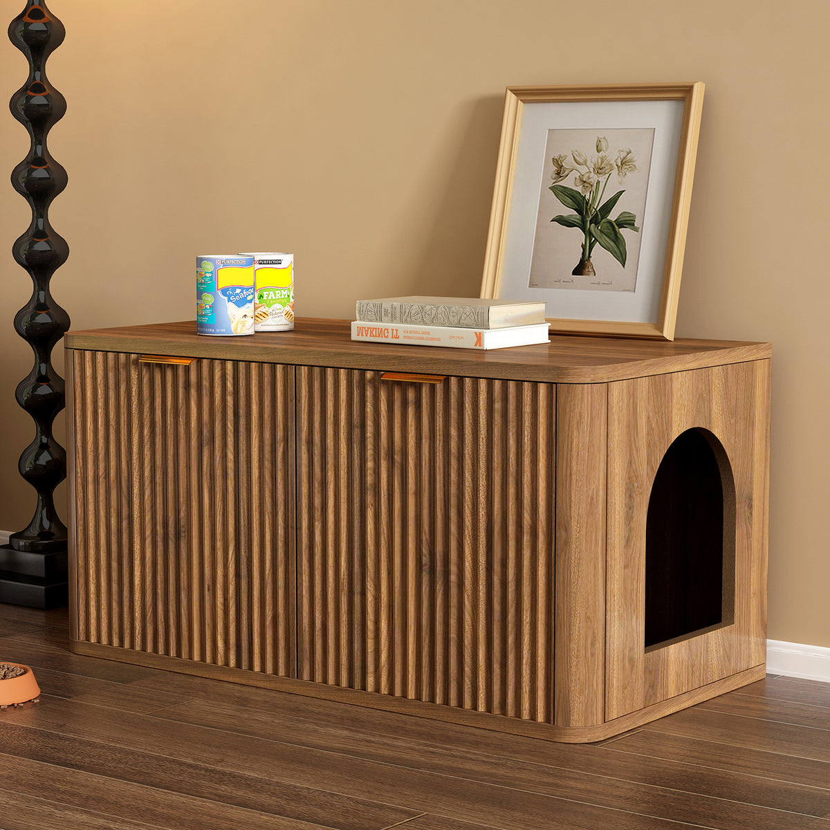 31.5" Walnut Cat Litter Box Enclosure Furniture, Large Decorative Hidden Litter Box Cabinet, Fluted Mid Century Modern K