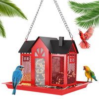 1Pc Metal Hanging Bird Feeder House Classic Barn Bird Feeder House Iron Hanging Outdoor Feeder With Visible Window And L