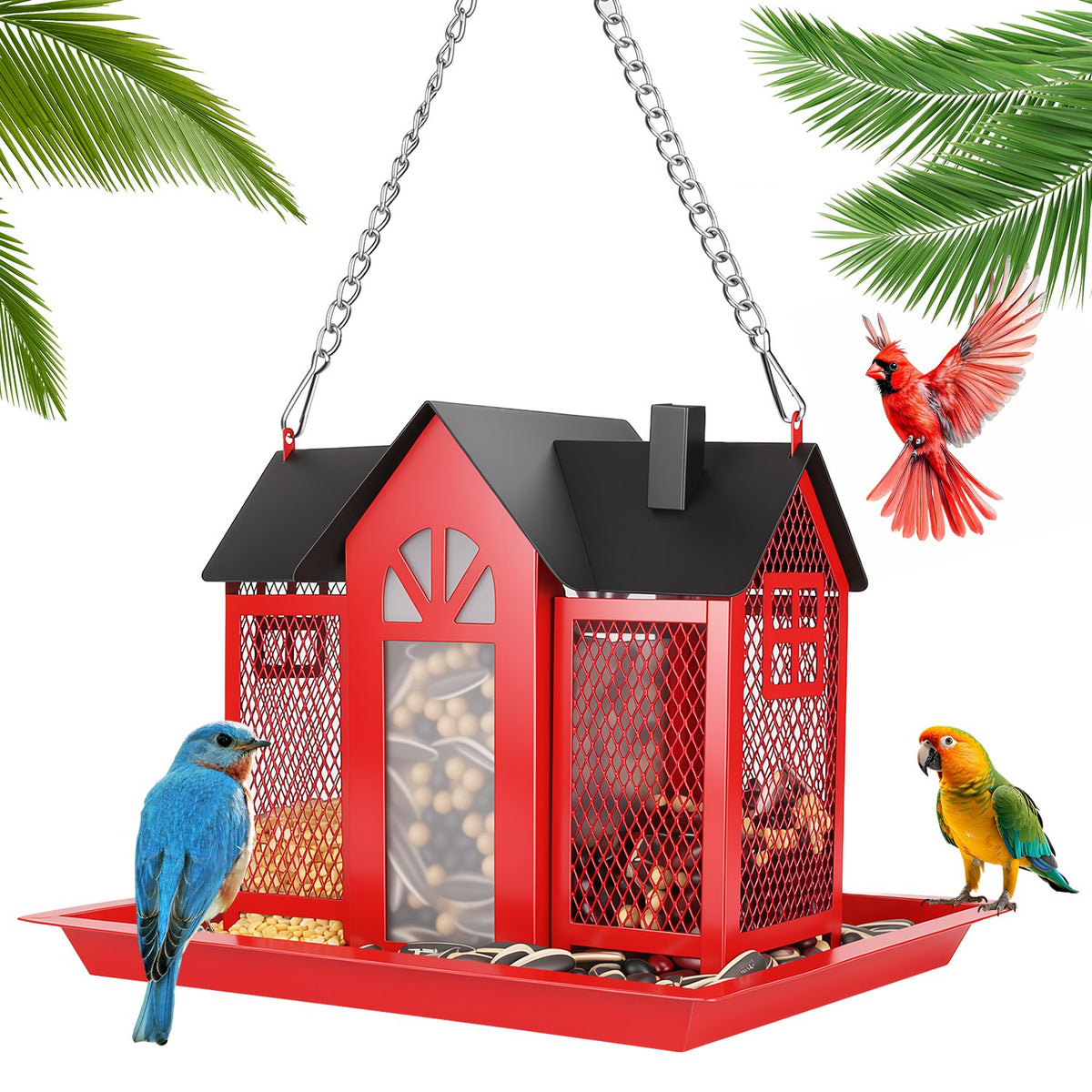 1Pc Metal Hanging Bird Feeder House Classic Barn Bird Feeder House Iron Hanging Outdoor Feeder With Visible Window And L