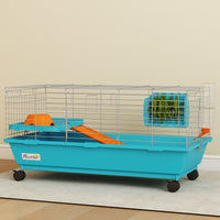 35"L Small Animal Cage, Rolling Bunny Cage, Guinea Pig Cage with Wheels, Food Dish, Water Bottle, Hay Feeder, Blue