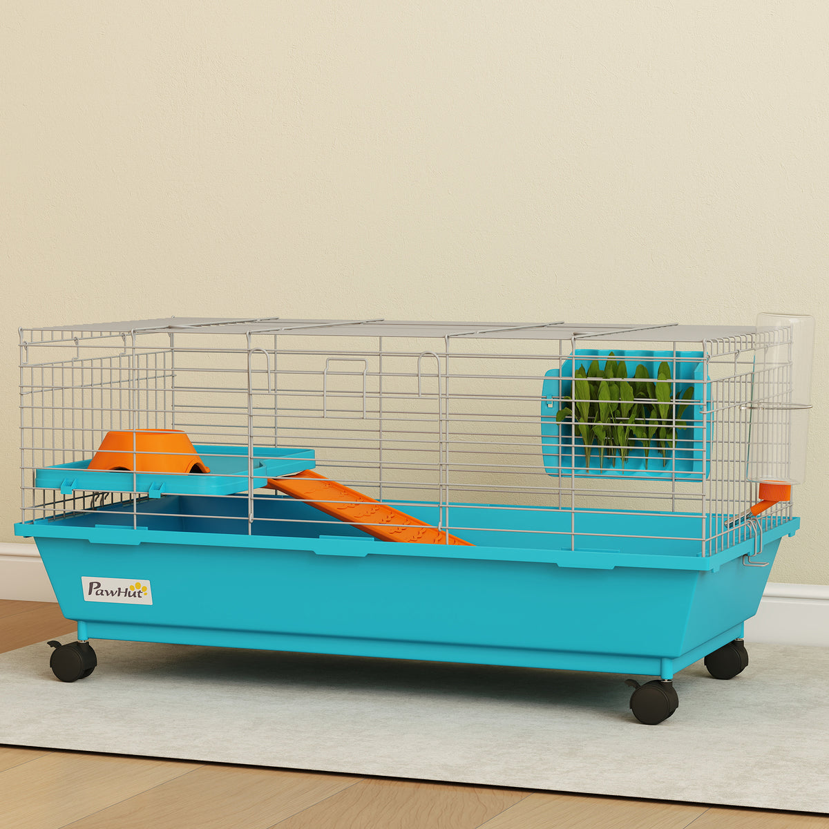 35"L Small Animal Cage, Rolling Bunny Cage, Guinea Pig Cage with Wheels, Food Dish, Water Bottle, Hay Feeder, Blue