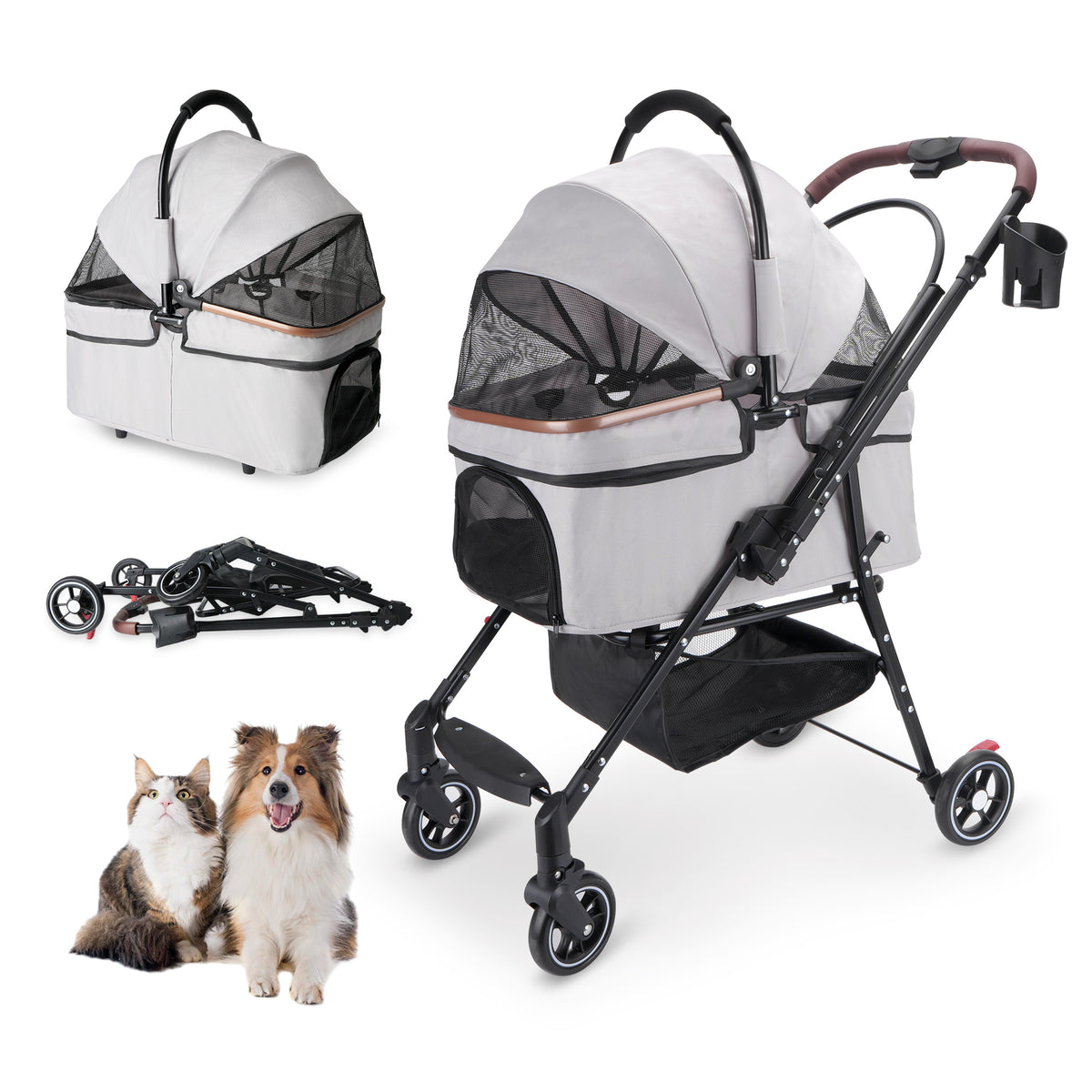 4-Wheel Foldable Pet Stroller for Dogs & Cats 360° Rotating Wheels, Separable Carrier & Travel Bag for Small Animals