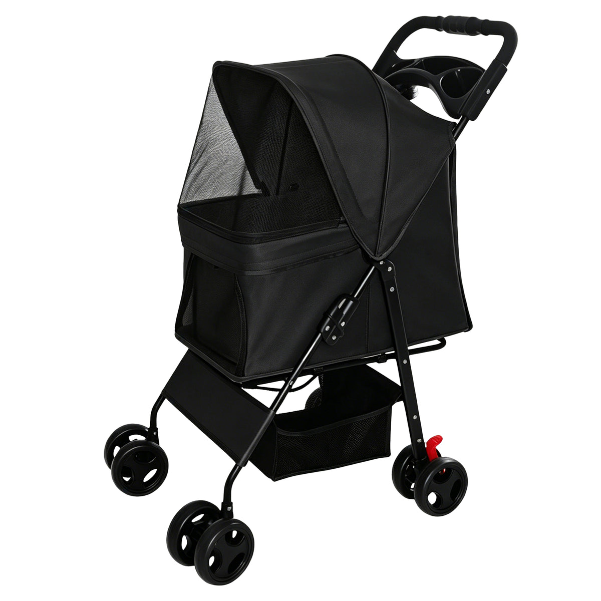 Foldable Pet Stroller for Small Dogs and Cats Under 28 lbs with Multi-Functional Tray, 2 Safety Leashes, Storage Basket 