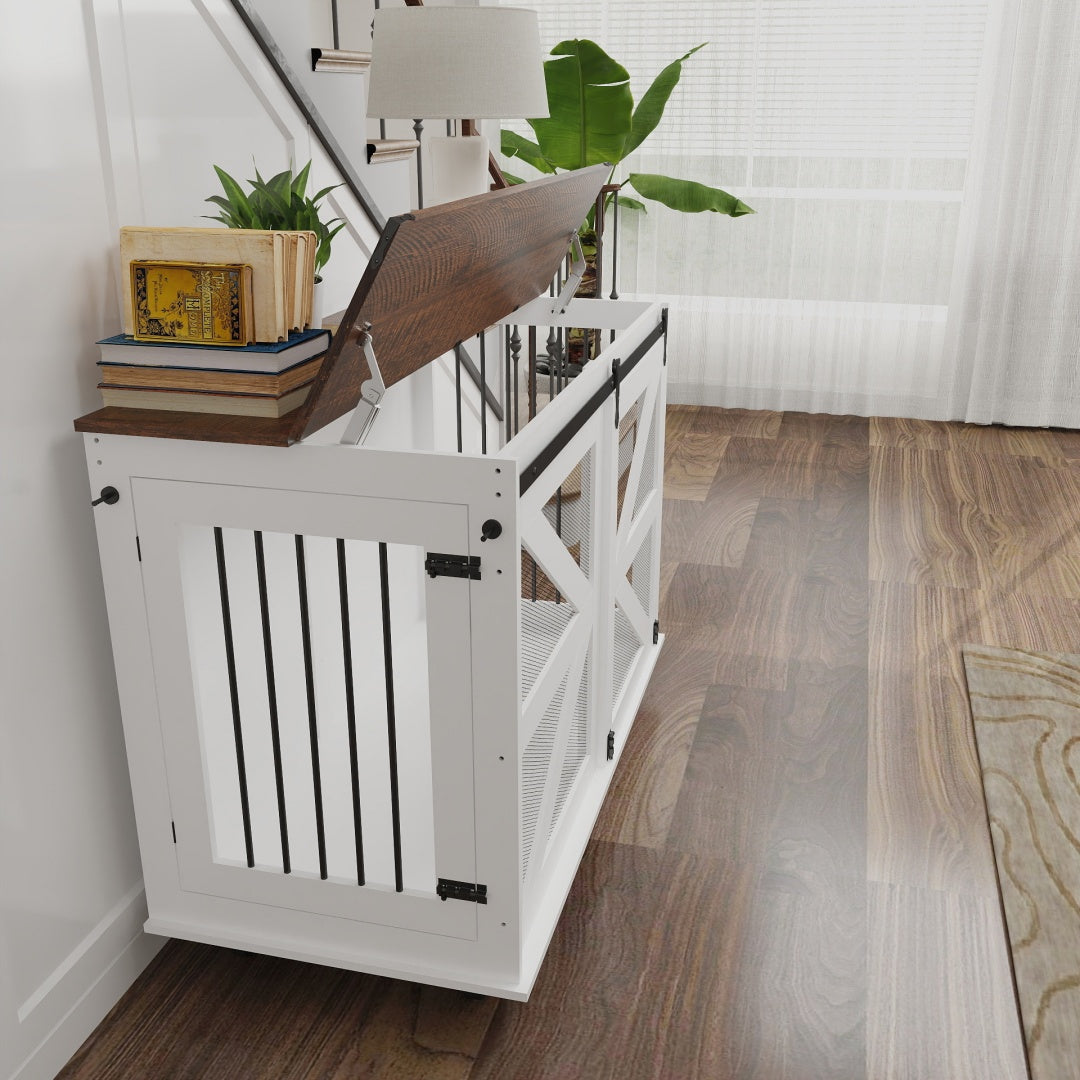 47.2 Mobile Dog Crate With Flip-Top Feeding Door, Dual-Access & 5 Caster System 2 Locking, Side Hooks - Multi-Functional
