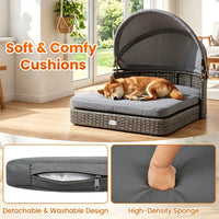 Gray Hand-Woven PE Rattan Dog Bed with Adjustable Canopy, Elevated Outdoor Pet Daybed with Washable Plush Cushion, Anti-