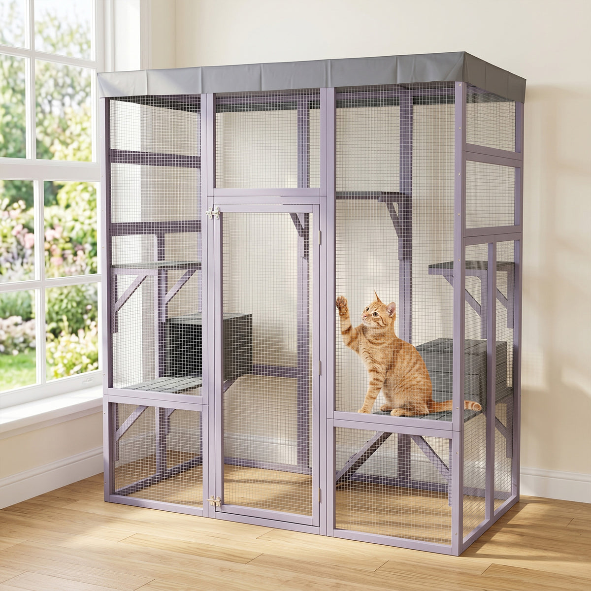 62.6" Wooden Outdoor Catio for Cats, Large Cat Enclosure with Waterproof Roof, 2 Napping House, Platforms & Galvanized W
