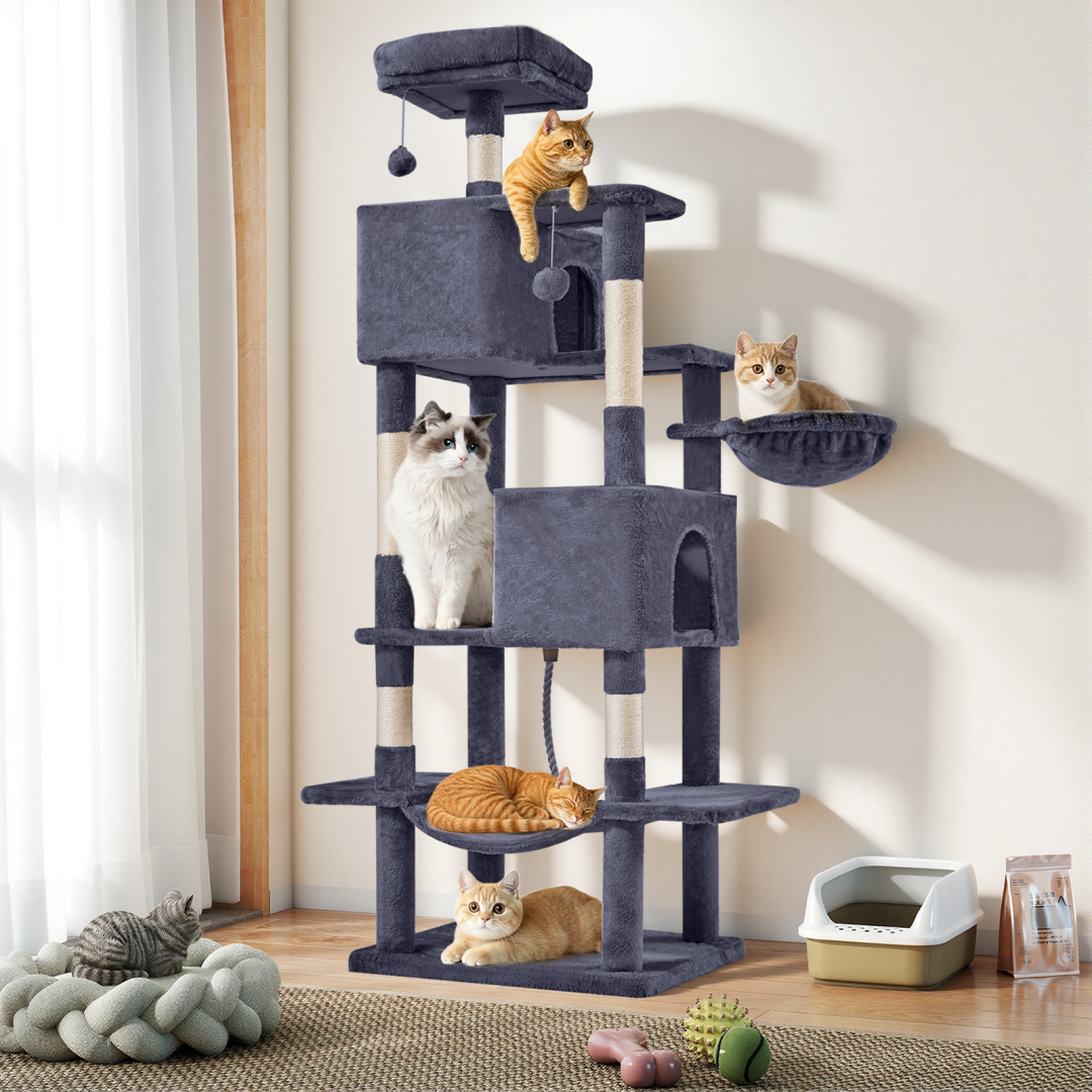 66 Inch Cat Tree Tower, Large Multi-Cat Climbing Extended Platform, Hammock, Pet House For Indoor Cats And Kittens Play