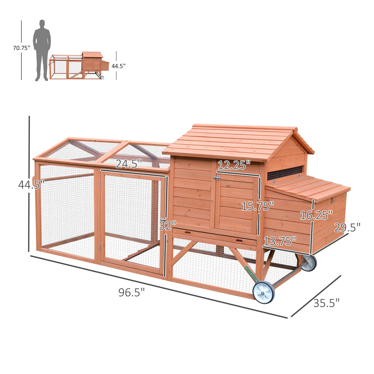96.5" Chicken Coop Wooden Hen House Poultry Cage Pen Portable with Wheels and Nesting Box, Chicken Cage for Backyard Out