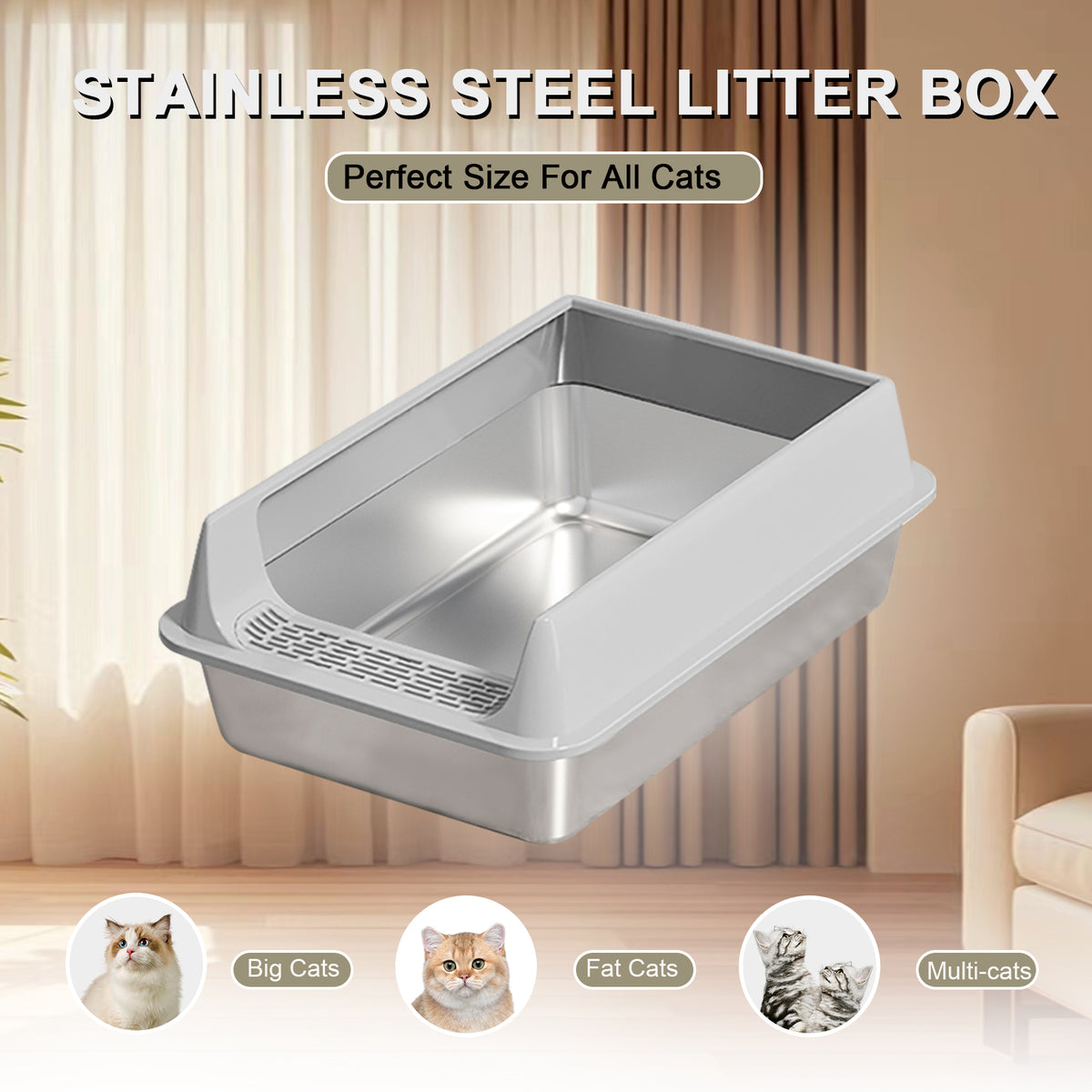 Oversized Stainless Steel Litter Box, Semi-enclosed Splash-proof And Leak-proof Design, Removable Lid, Suitable For Big 